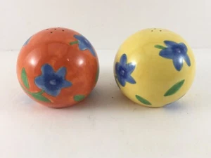 Vintage Avon Round Orange & Yellow Salt & Pepper Blue Floral Design 2 3/4” Tall - Picture 1 of 5