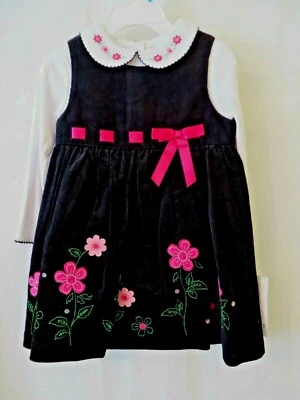 Bonnie Baby Dress Set Floral Embroidery Applique Details Black 24 Months #10065 - Image 1 of 4