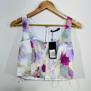 Portmans Photo Floral Cropped Tank Top 8 Purple Ivory Green Zip Back Cocktail - Foto 1 di 16