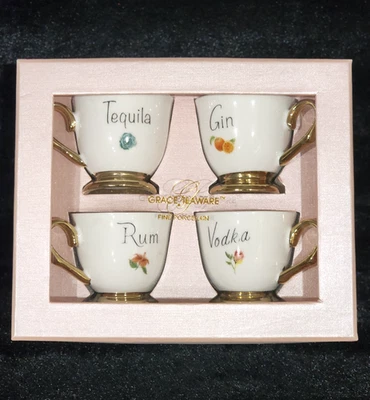 Caja de regalo de vidrio de chupito de taza de té de 4 piezas 3x2 tazas doradas de licor floral vodka ginebra ron tequila Foto 1 de 4