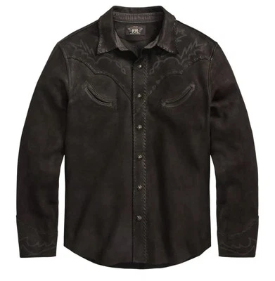 RRL Ralph Lauren Black Sheepskin Western Detail Suede Shirt Jacket Men's Large L - Image 1 of 4