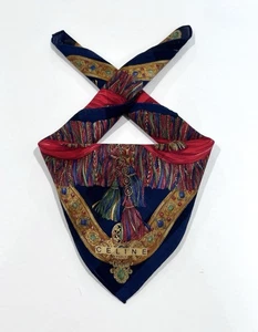 Celine Vintage Taschentuch blau rot Bandana Mini Schal Baumwolle quadratisch gewebt 19" - Bild 1 von 6
