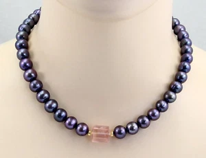 Pearl Necklace - Dark Grey Freshwater Pearl Necklace with Rose Quartz 45.5cm Long - Picture 1 of 2