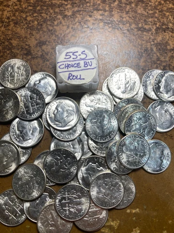 1955-S ROOSEVELT DIME ROLL,  CHOICE BU! 50 COINS, 90% SILVER Cover