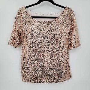 Women's Small Sequin Sparkle Half Sleeve Loose Blouse Top Shirt Champagne - Picture 1 of 6