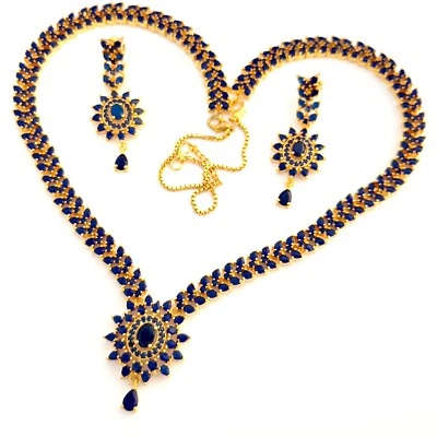 Ethnic Traditional Indian Wedding Party Wear Sapphire Look Jewelry Set Earrings - Image 1 of 4