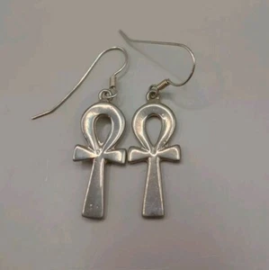 Gorgeous Vintage Silver Ankh Drop Earrings Egyptian Revival 925 Sterling Nice - Picture 1 of 7