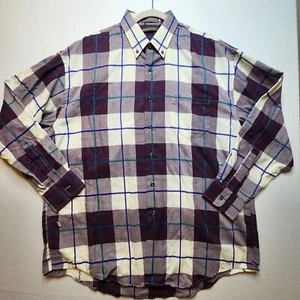 Robert Stock Men Shirt Large Burgandy White Blue Check Button Long Sleeve Cotton - Picture 1 of 12