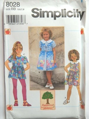 Simplicity 8028 Dress Top Pinafore Leggings Sewing Pattern Girls 5 6 7 8 Outfit - Image 1 of 4