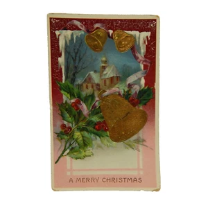 A MERRY CHRISTMAS HOLLY BELLS COUNTRY SCENE POSTMARKED 1911 - Picture 1 of 2