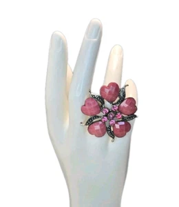 Silver Tone Fashion Ring. Hearts. Pink Rhinestones. Statement Piece. Adjustable - Picture 1 of 4