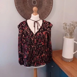 Love & Roses Black Pink Gold Blouse 12 Metallic Floral Chiffon Ruffle Tie Up - Picture 1 of 16