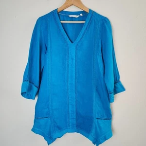 Soft Surroundings Women's 100% Linen Blue Leonie Tunic Size Small 3/4 Sleeves - Picture 1 of 15