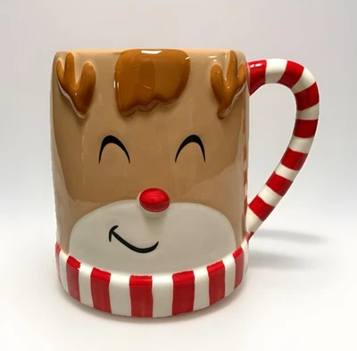 Taza de cerámica Teleflora cara de reno esculpida en 3D bastón de caramelo acentuada LRG usada Foto 1 de 4