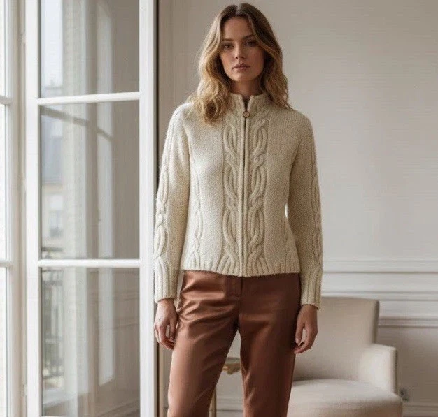 Cárdigan Diseño Islandés Cremallera Completa Marfil Lana Alpaca Mohair Cable Tejido PEQUEÑO Foto 1 de 4