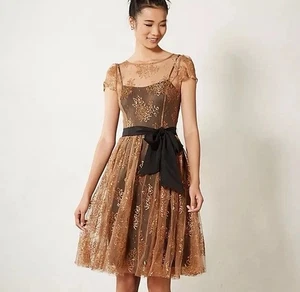Anthropologie Moulinette Soeurs Honeyed Lace Dress Bronze Gold Copper Gr. 0 Silk - Bild 1 von 13