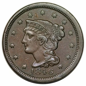 1846 geflochtenes Haar großer Cent, kleines Datum, seltene N-10, R5-, LDS (b) Vorderseite Ohrstecker - Bild 1 von 3
