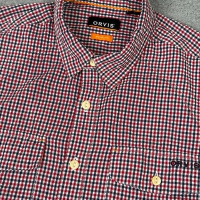 Orvis Shirt Mens Medium Red White Blue Check Seersucker Active Fit Button Down - Image 1 of 4