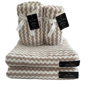 6PC Brooks Brothers 2 Bath 2 Hand 2Tip Towel Set Beige Wave Swirl Zigzag Pattern - Picture 1 of 6