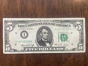 Series 1974 $5 Bill, Federal Reserve Note I45736705A – Vintage U.S. Currency - Picture 1 of 2
