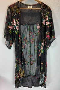 Ivy Jane Black burnout Floral Velvet Kimono Topper jacket Open Front Tassel S/M - Picture 1 of 9