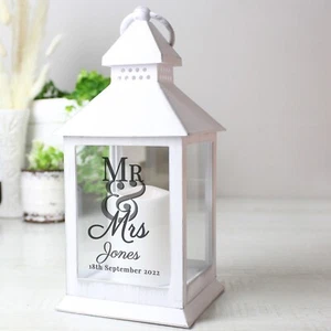 Personalised Mr & Mrs White Lantern LED Candle Wedding Anniversary Gift Aisle - Picture 1 of 5