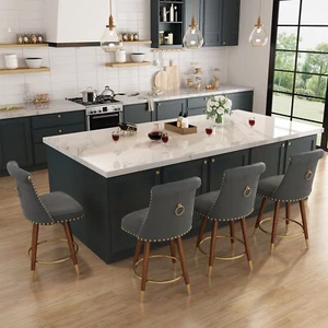 24" Velvet Counter Height Bar Stools 360° Swivel Bar Chairs Wood Legs Set of 2/4 - Picture 1 of 41