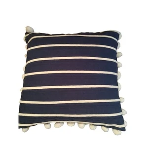 Pottery Barn Pillow Navy with White Ball Fringe 18x18 - Picture 1 of 6