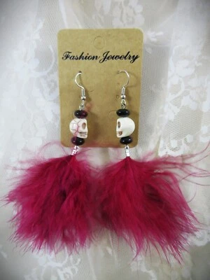 Pendientes Colgantes Halloween Calaveras Cuentas Plumas Rosa Nuevos Foto 1 de 4