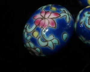 Hand Painted Porcelain Chinese Rare Vintage Focal Bead Blue w/ Flowers Oval 18mm - Picture 1 of 9