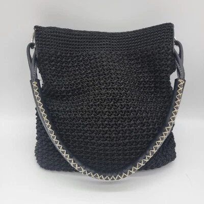 Vintage CHATEAU Bag Black Crochet Purse with Faux Leather Handle Shoulder - Image 1 of 4