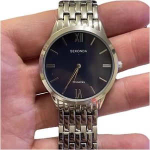 Sekonda Mens Watch Silver Metal Strap Dark Navy Face Roman Numerals New Boxed - Picture 1 of 6