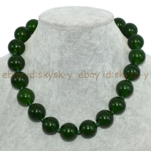 Huge 18mm Dark Green Jade Jadeite Round Gemstone Beads Necklace 18'' - Picture 1 of 4