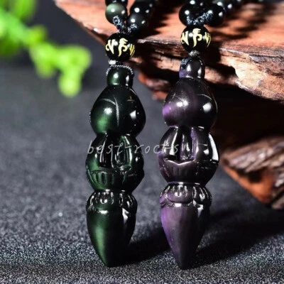 2pcs Natural Crystal Obsidian buddhist amulet VAJRA dorje Pendant+Necklace - Image 1 of 4