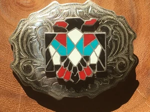 Vintage Frontier Gürtelschnalle Neusilber Türkis Zuni Southwest Thunderbird - Bild 1 von 10