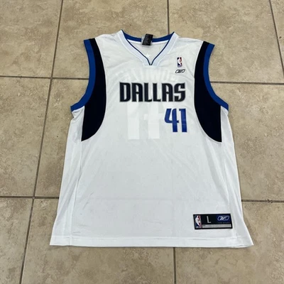Camiseta deportiva para hombre de los Dallas Mavericks grande blanca NBA baloncesto Dirk Nowitzki 41 Reebok Foto 1 de 4