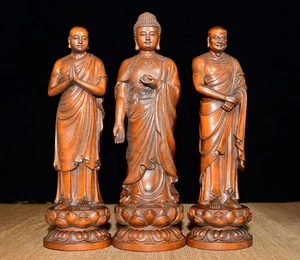 Madera de boj Shakyamuni Buda Amitabha Tres Budas Ayuntamiento de adoración Casa de pueblo - Imagen 1 de 8