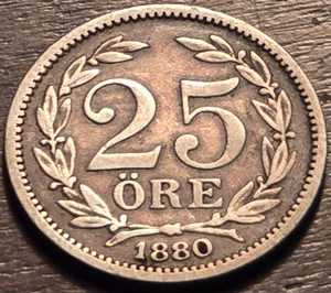 1880 Sweden 25 Ore Oscar II KM# 739 17mm 0.600 Silver HIGH-GRADE COIN! - Picture 1 of 2