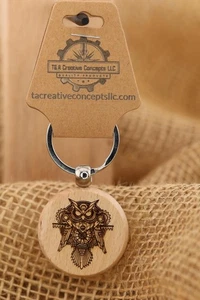 Llavero búho steampunk / encanto de bolsa: madera dura grabada con láser, acero inoxidable - Imagen 1 de 7