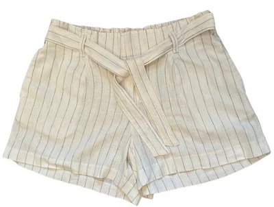 Ann Taylor Loft Shorts Size M Cream Brown Stripe Belted Linen Elastic Waist Back - Image 1 of 4