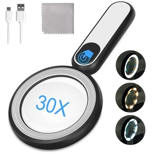 Rechargeable Magnifying Glass with Light, 30X 4.7IN Handheld Large Lightweigh... - Picture 1 of 7