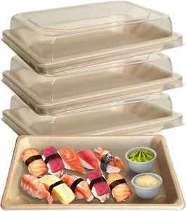 0.8L Medium Compostable Sushi Trays with Lids - Natural Sugarcane Bagasse 25pcs - Picture 1 of 8