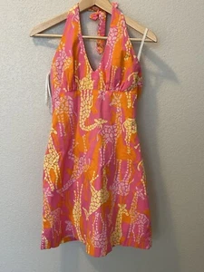 Vestido Safari Lilly Pulitzer Vintage Y2k Halter Mujer 4 Rosa Naranja Jirafa - Imagen 1 de 7