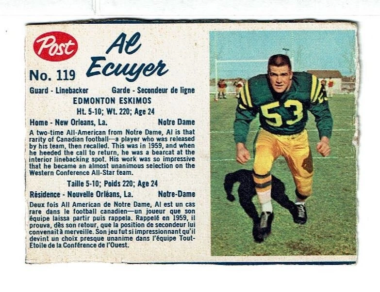 1962 Post Cereal Al Ecuyer CFL card #119 Edmonton Eskimos Notre Dame - Image 1 of 1