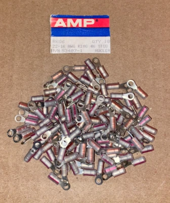 ( 205 )  AMP 53407- 1 Copper Insulated Ring Tongue Terminals 22-16 AWG # 6 Stud - Image 1 of 4