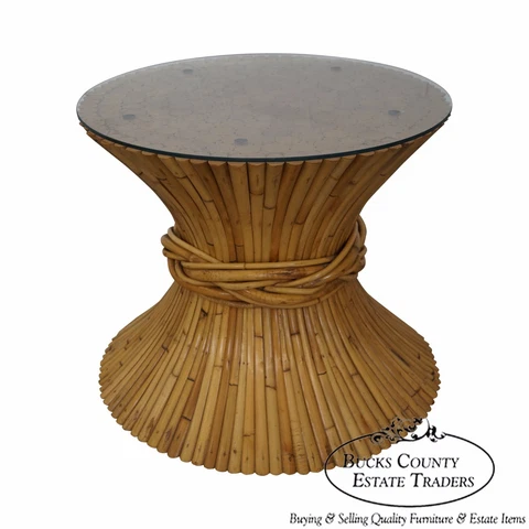 McGuire Sheaf of Wheat Bamboo Rattan Round Glass Top Coffee Table Cover