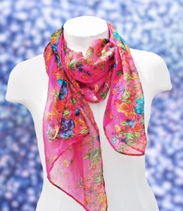 Fashion Scarf Girls Petite Adult Cerise Floral Multi Rectangular Cotton Mix - Picture 1 of 8