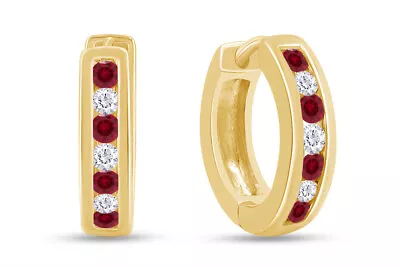 Huggie Hoop Earrings Simulated Ruby & Cubic Zirconia 925 Sterling Silver - Image 1 of 4