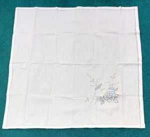 Vintage White Blue Floral Linen Card Tablecloth Hand Stitched Embroidered 38x37. - Picture 1 of 8