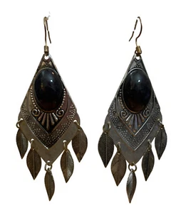 Boho Pierced Earrings Black Faux Stone Tassel Elegant Style Dangle 3” - Picture 1 of 4